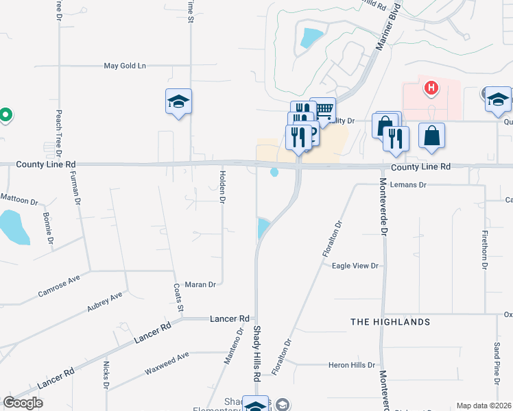 map of restaurants, bars, coffee shops, grocery stores, and more near 18807 Old Shady Hills Road in Spring Hill