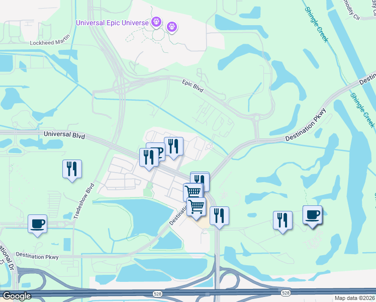 map of restaurants, bars, coffee shops, grocery stores, and more near 9707 Mia Circle in Orlando
