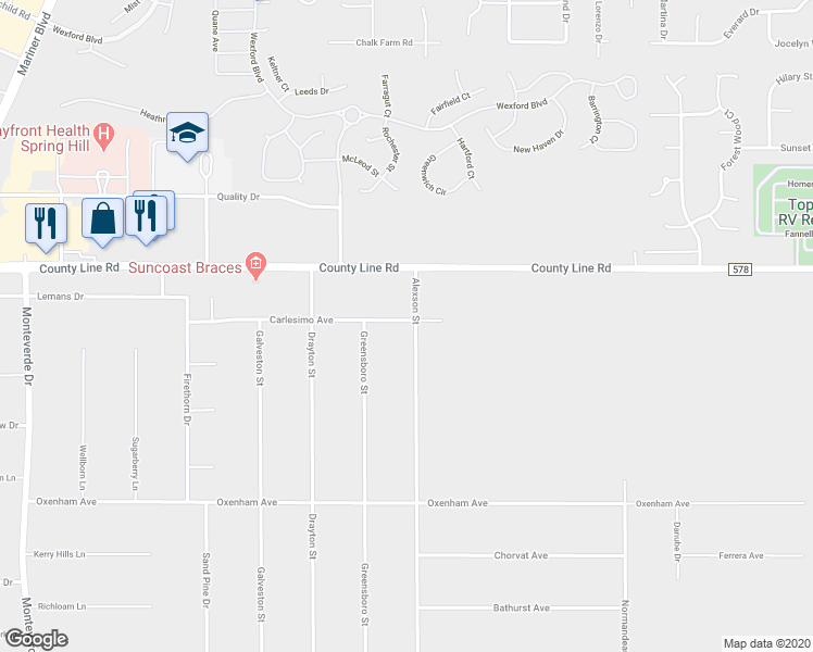 map of restaurants, bars, coffee shops, grocery stores, and more near 17410 Carlesimo Avenue in Spring Hill