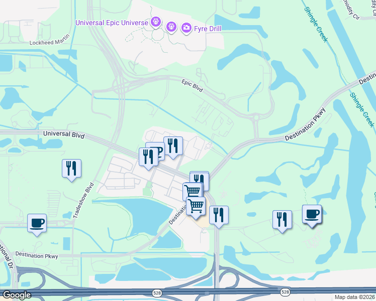 map of restaurants, bars, coffee shops, grocery stores, and more near 9707 Mia Circle in Orlando