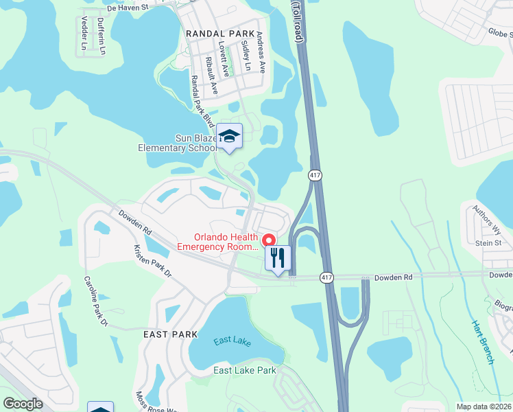 map of restaurants, bars, coffee shops, grocery stores, and more near 10003 Randal Walk Street in Orlando