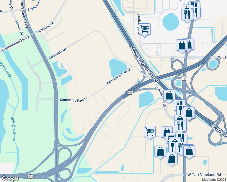 map of restaurants, bars, coffee shops, grocery stores, and more near 2456 Commerce Park Drive in Orlando
