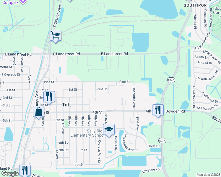 map of restaurants, bars, coffee shops, grocery stores, and more near 1604 Sage Creek Court in Orlando