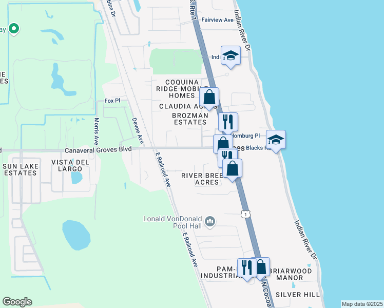 map of restaurants, bars, coffee shops, grocery stores, and more near 410 Canaveral Groves Boulevard in Cocoa