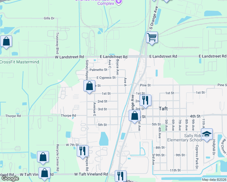 map of restaurants, bars, coffee shops, grocery stores, and more near 420 Pine Street in Orlando
