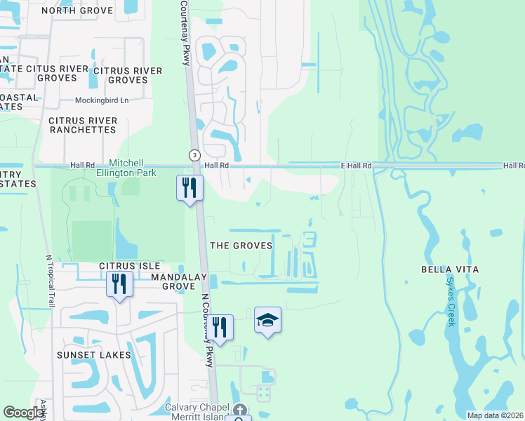 map of restaurants, bars, coffee shops, grocery stores, and more near 335 East Hall Road in Merritt Island