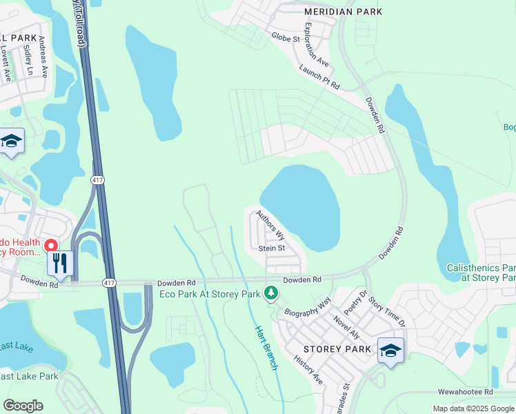 map of restaurants, bars, coffee shops, grocery stores, and more near 10227 Authors Way in Orlando
