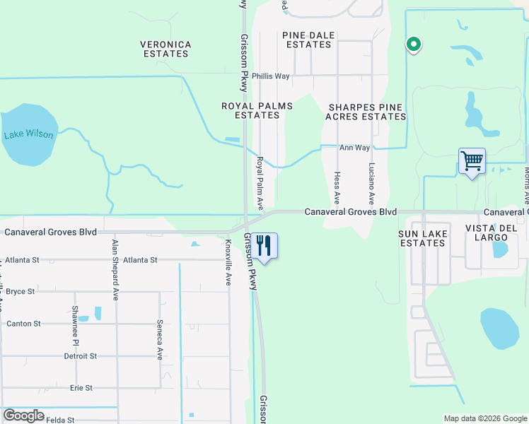 map of restaurants, bars, coffee shops, grocery stores, and more near 4010 Royal Palm Avenue in Cocoa
