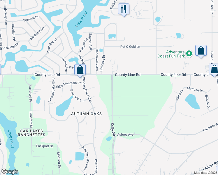 map of restaurants, bars, coffee shops, grocery stores, and more near 18851 Kelly Road in Spring Hill