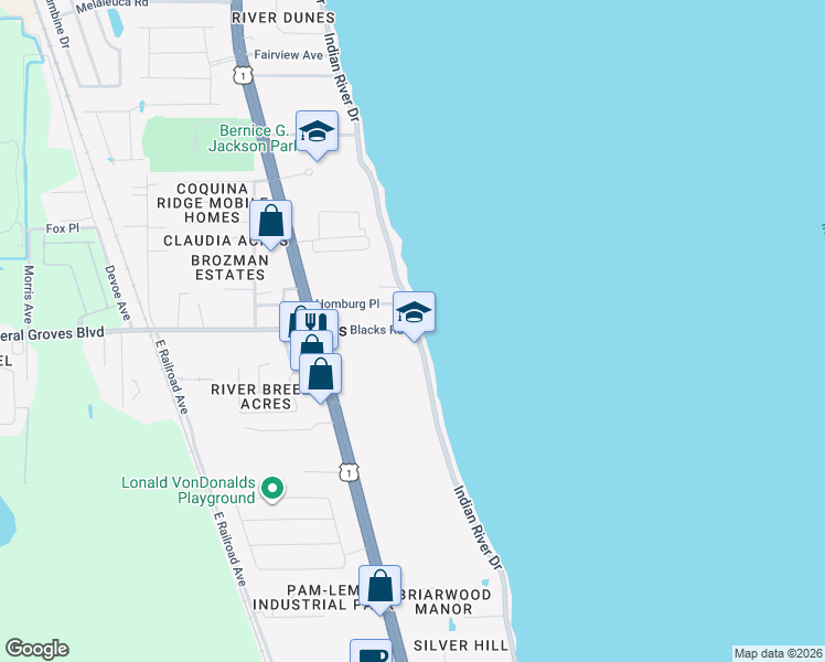 map of restaurants, bars, coffee shops, grocery stores, and more near 4001 Indian River Drive in Cocoa
