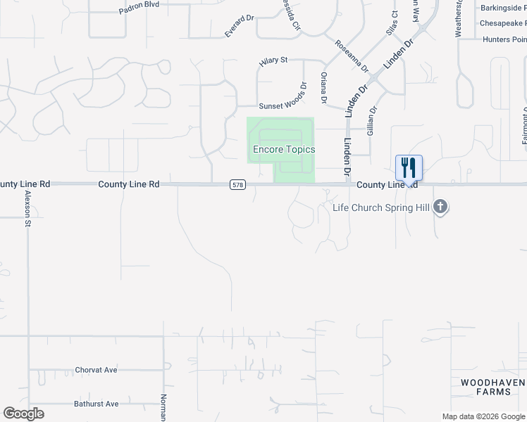 map of restaurants, bars, coffee shops, grocery stores, and more near 18240 County Line Road in Spring Hill