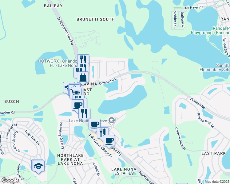 map of restaurants, bars, coffee shops, grocery stores, and more near 9945 Oak Quarry Drive in Orlando