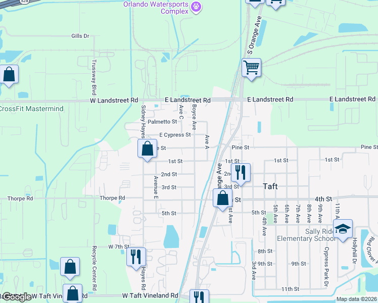 map of restaurants, bars, coffee shops, grocery stores, and more near 420 Pine Street in Orlando