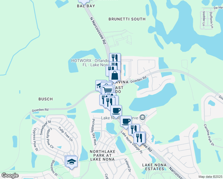 map of restaurants, bars, coffee shops, grocery stores, and more near N Narcoossee Rd in Orlando