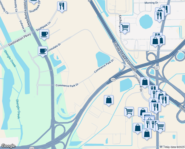 map of restaurants, bars, coffee shops, grocery stores, and more near 2252 Commerce Park Drive in Orlando