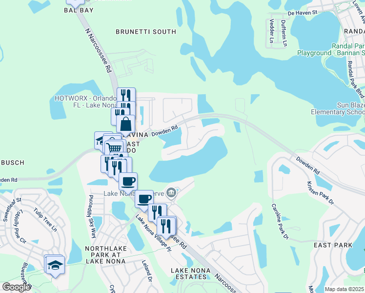 map of restaurants, bars, coffee shops, grocery stores, and more near 9945 Oak Quarry Drive in Orlando