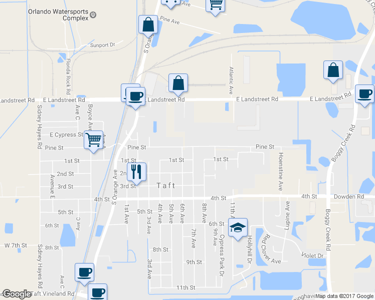 map of restaurants, bars, coffee shops, grocery stores, and more near 1318 Pine Street in Orlando