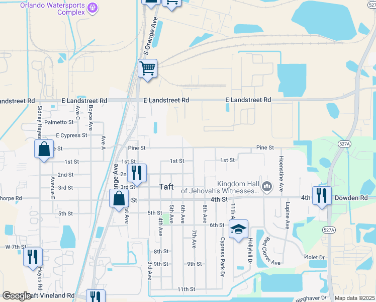 map of restaurants, bars, coffee shops, grocery stores, and more near 1318 Pine Street in Orlando