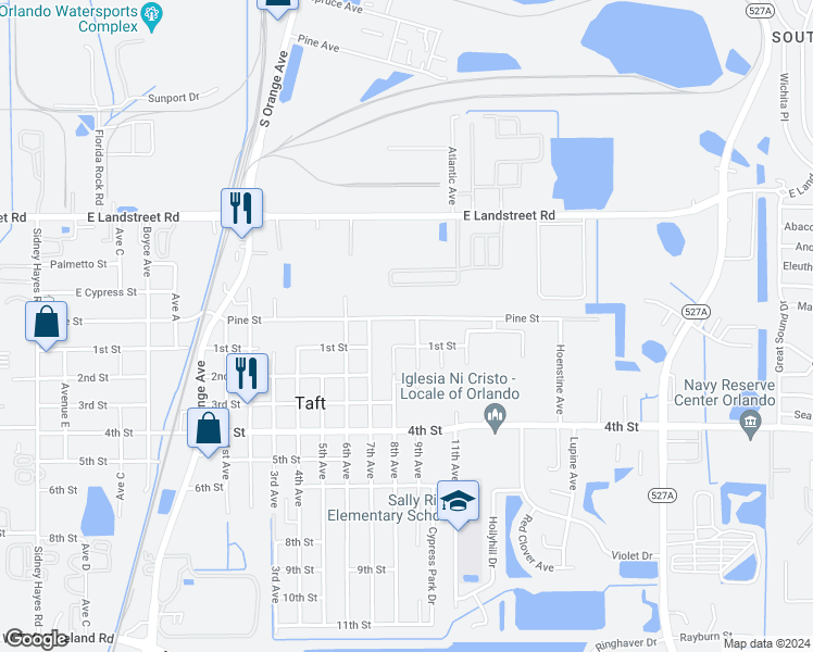 map of restaurants, bars, coffee shops, grocery stores, and more near 1516 Pine Street in Orlando