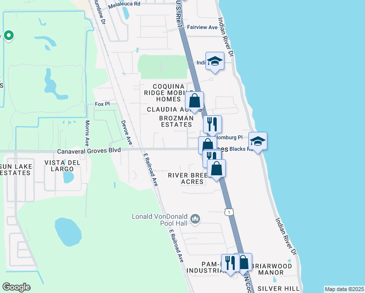 map of restaurants, bars, coffee shops, grocery stores, and more near 410 Canaveral Groves Boulevard in Cocoa