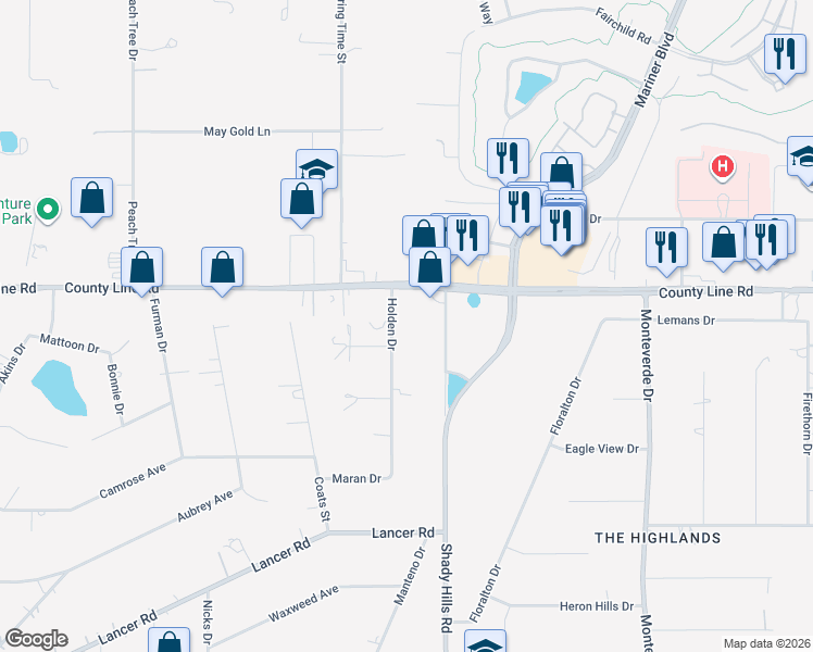 map of restaurants, bars, coffee shops, grocery stores, and more near 18910 Holden Drive in Spring Hill
