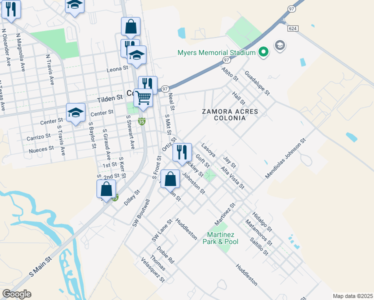 map of restaurants, bars, coffee shops, grocery stores, and more near 304 Goft Street in Cotulla