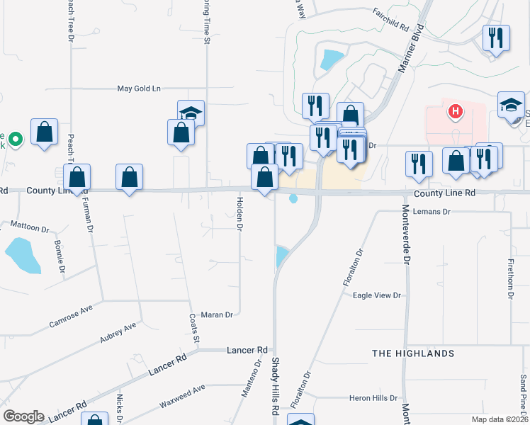 map of restaurants, bars, coffee shops, grocery stores, and more near 18910 Holden Drive in Spring Hill