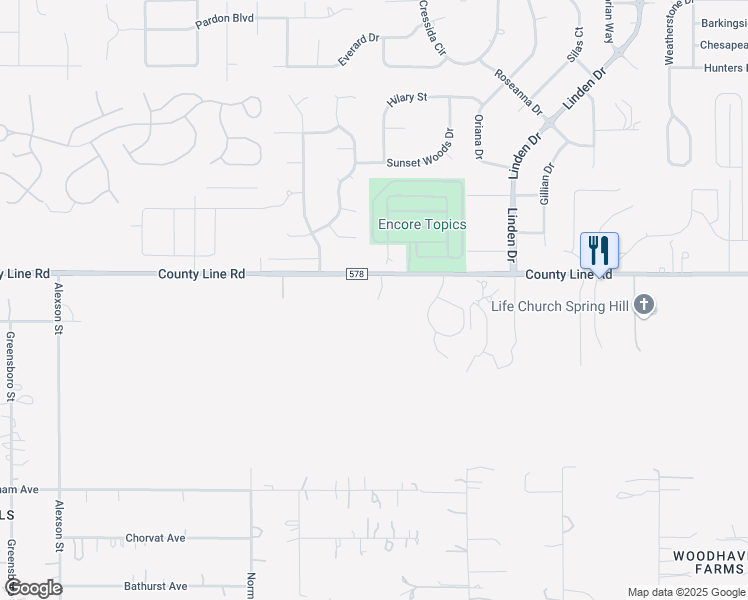 map of restaurants, bars, coffee shops, grocery stores, and more near 18240 County Line Road in Spring Hill