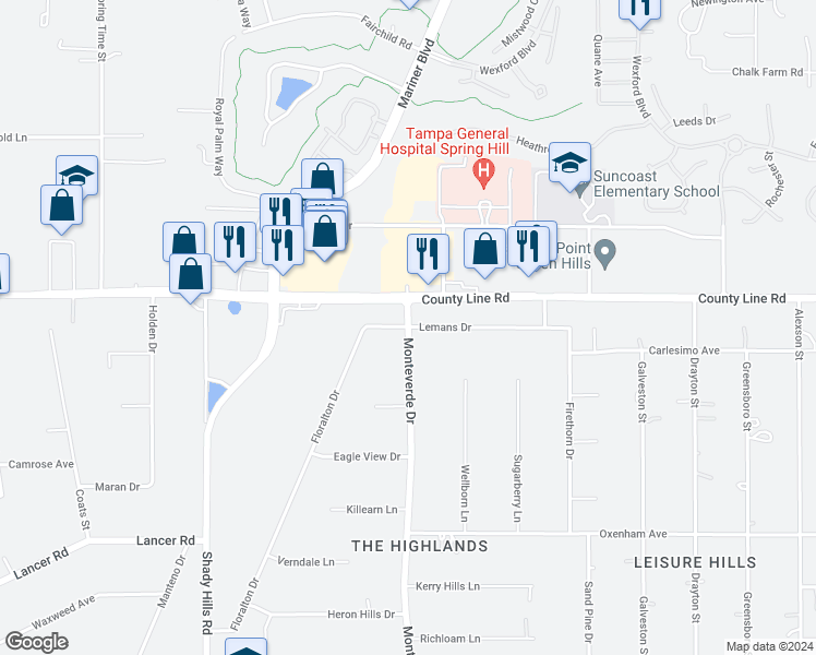 map of restaurants, bars, coffee shops, grocery stores, and more near 16610 Lemans Drive in Spring Hill