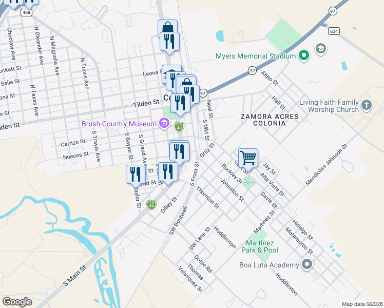 map of restaurants, bars, coffee shops, grocery stores, and more near 404 South Main Street in Cotulla