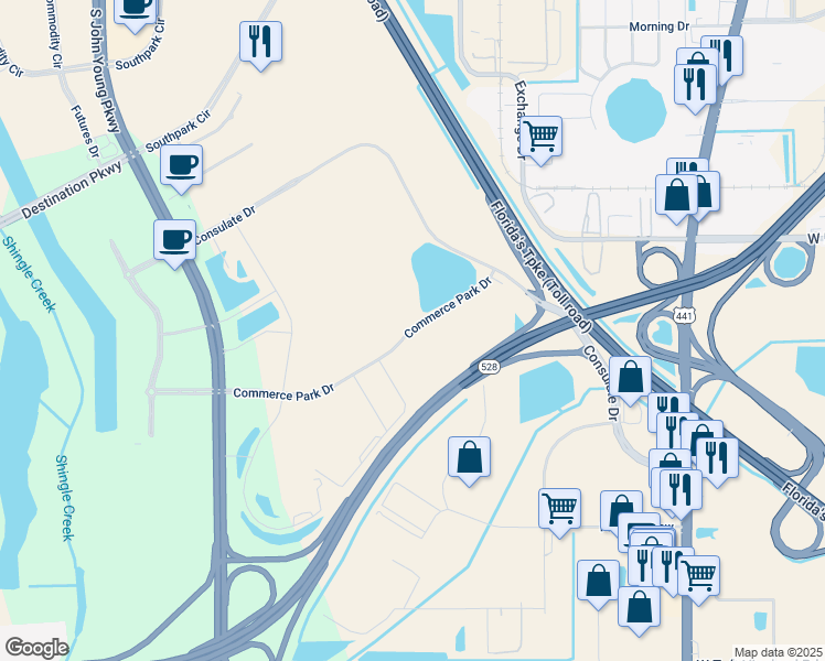 map of restaurants, bars, coffee shops, grocery stores, and more near 2456 Commerce Park Drive in Orlando