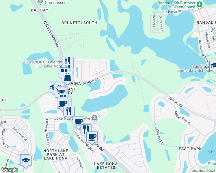 map of restaurants, bars, coffee shops, grocery stores, and more near 9444 Maple Hill Court in Orlando