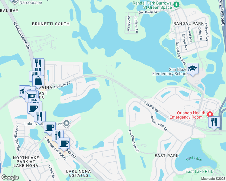 map of restaurants, bars, coffee shops, grocery stores, and more near 9426 Candice Court in Orlando