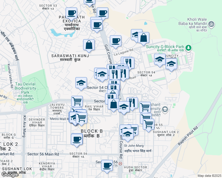 map of restaurants, bars, coffee shops, grocery stores, and more near B-54 Golf Course Road in Gurugram