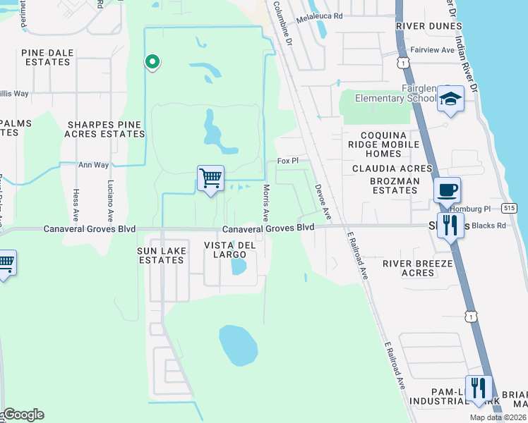map of restaurants, bars, coffee shops, grocery stores, and more near 500 Canaveral Groves Boulevard in Cocoa