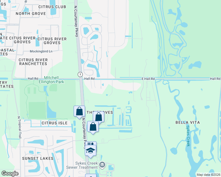 map of restaurants, bars, coffee shops, grocery stores, and more near 335 East Hall Road in Merritt Island