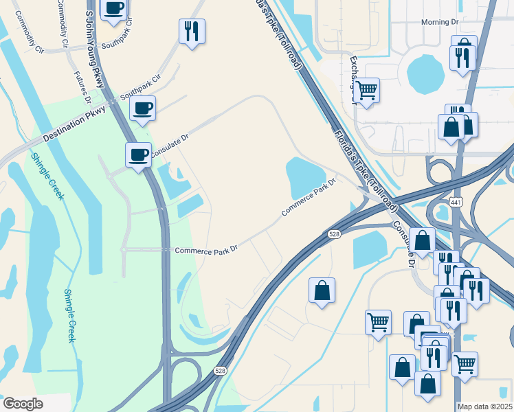 map of restaurants, bars, coffee shops, grocery stores, and more near 2405 Commerce Park Drive in Orlando