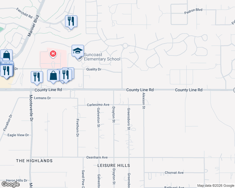 map of restaurants, bars, coffee shops, grocery stores, and more near 18940 Drayton Street in Spring Hill