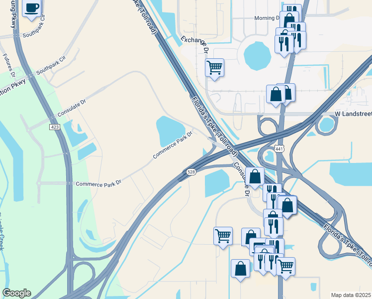 map of restaurants, bars, coffee shops, grocery stores, and more near 2302 Commerce Park Drive in Orlando