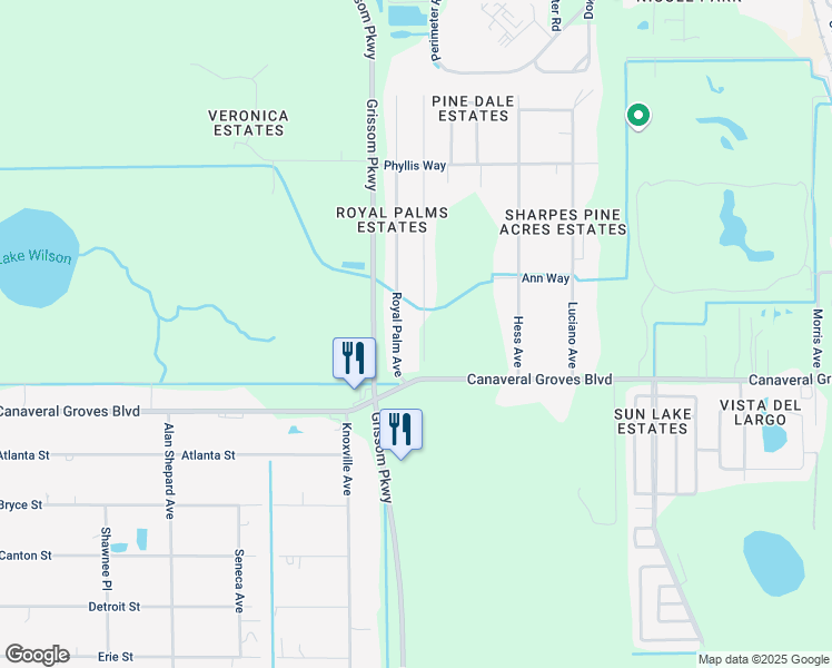 map of restaurants, bars, coffee shops, grocery stores, and more near 4055 Royal Palm Avenue in Cocoa