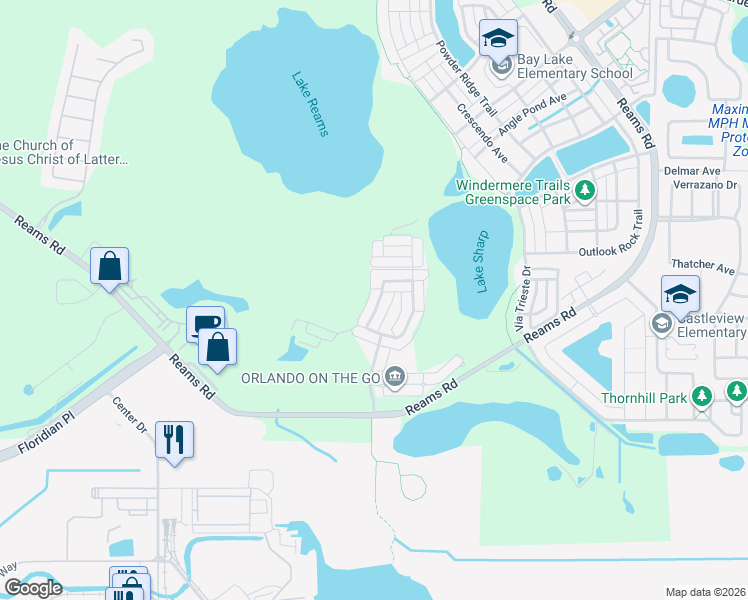 map of restaurants, bars, coffee shops, grocery stores, and more near 8768 Danforth Drive in Windermere
