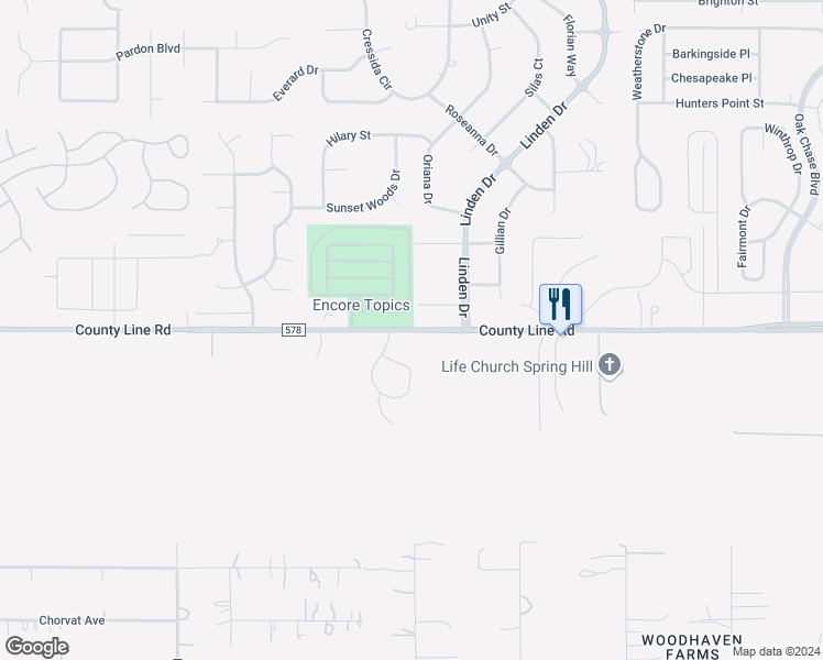 map of restaurants, bars, coffee shops, grocery stores, and more near County Road 578 in Spring Hill