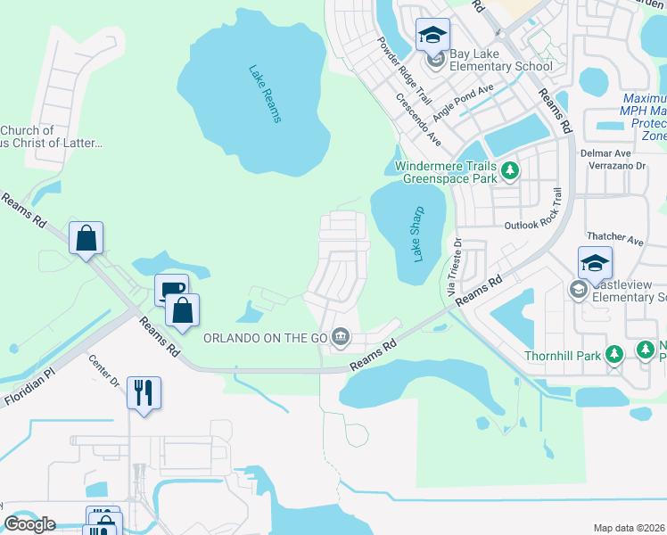 map of restaurants, bars, coffee shops, grocery stores, and more near 8768 Danforth Drive in Windermere
