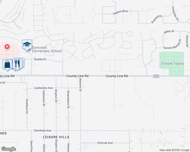 map of restaurants, bars, coffee shops, grocery stores, and more near 11787 County Line Road in Spring Hill