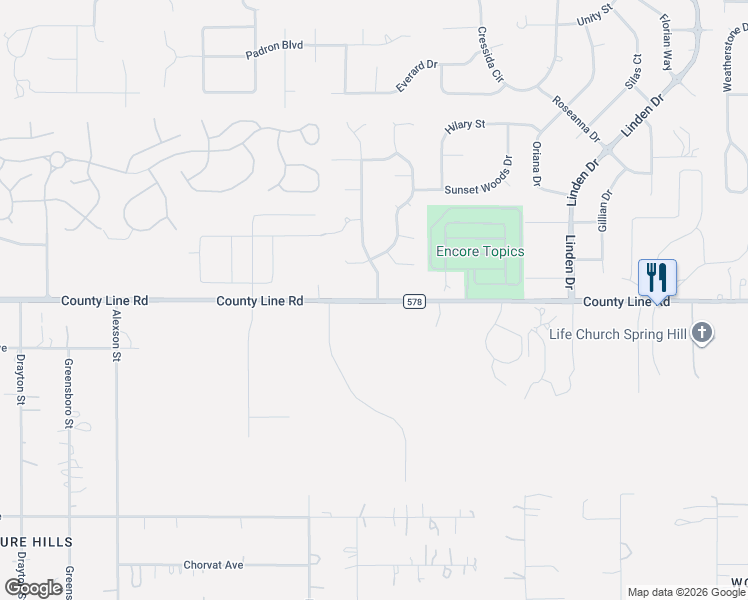 map of restaurants, bars, coffee shops, grocery stores, and more near County Line Road in Spring Hill