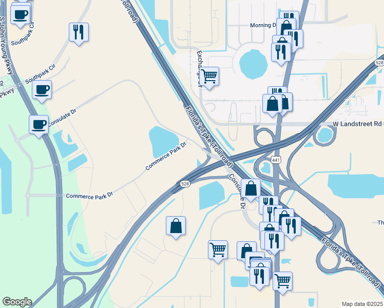 map of restaurants, bars, coffee shops, grocery stores, and more near 2252 Commerce Park Drive in Orlando
