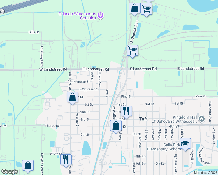 map of restaurants, bars, coffee shops, grocery stores, and more near 545 East Cypress Street in Orlando