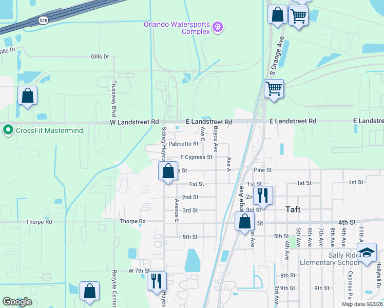 map of restaurants, bars, coffee shops, grocery stores, and more near 305 East Cypress Street in Orlando