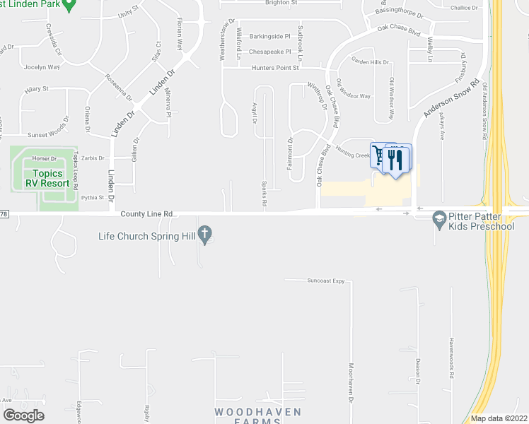 map of restaurants, bars, coffee shops, grocery stores, and more near 102 Sparks Road in Spring Hill