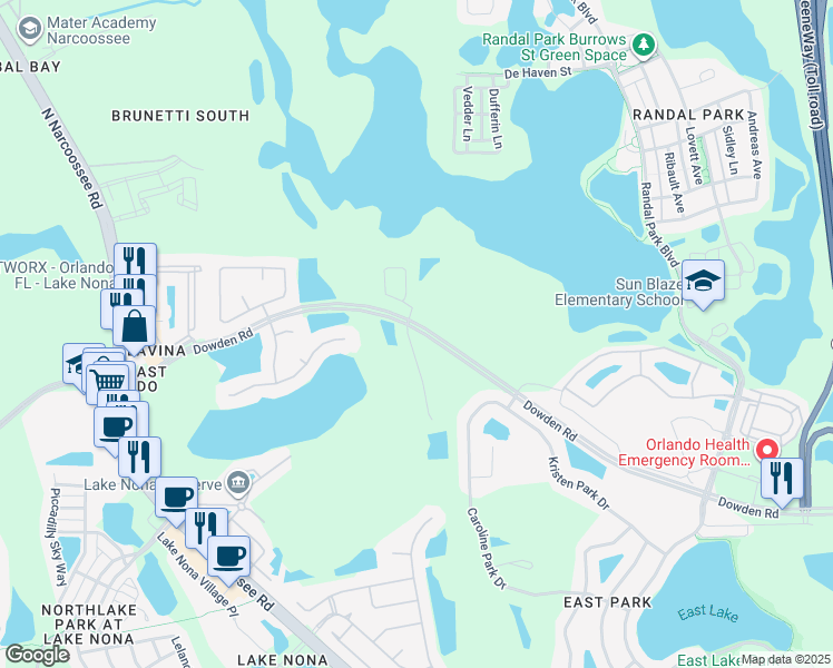map of restaurants, bars, coffee shops, grocery stores, and more near 9612 Dowden Road in Orlando